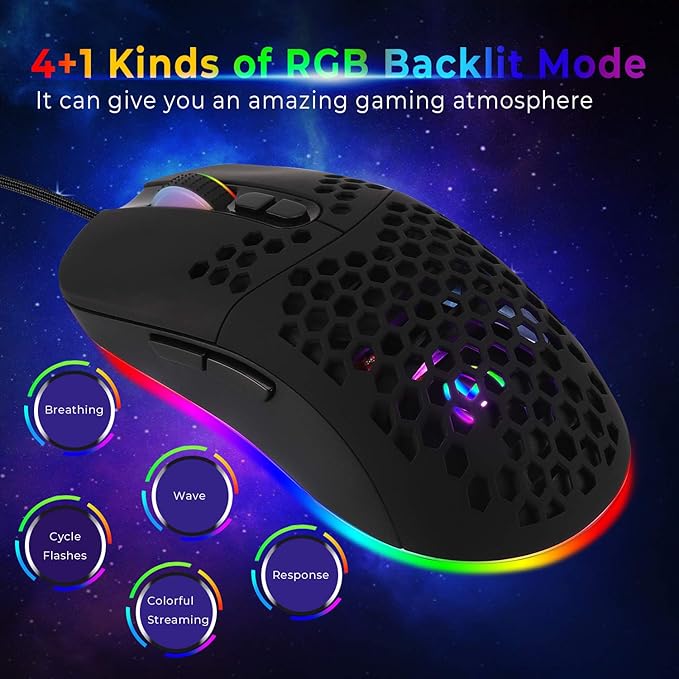 HXMJ Wired USB C Gaming Mice,Lightweight Honeycomb,7200DPI,Corded Mouse with RGB Backlit for Apple MacBook,Tablets,Computer or Laptops with Type C Port