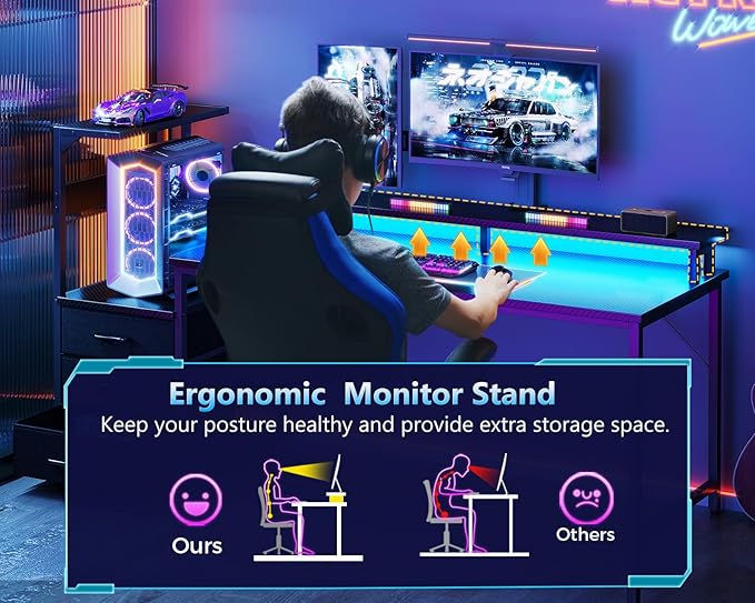 AODK 59 Inch Gaming Desk with LED Light- Reversible Computer Desk with Storage Shelves & Monitor Stand, Modern Gamer Desk Table with Fabric Drawers, Black