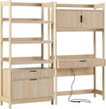 Walker Edison Transitional 2-Piece Hutch Desk with Wide Bookcase, Reeded Drawer Fronts, Built-in outlets and USB Ports, Set of 2, Coastal Oak