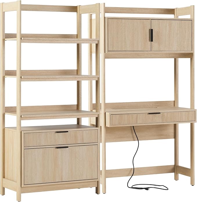 Walker Edison Transitional 2-Piece Hutch Desk with Wide Bookcase, Reeded Drawer Fronts, Built-in outlets and USB Ports, Set of 2, Coastal Oak