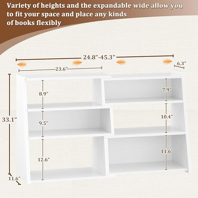 Armocity Expandable Bookshelf, Short Corner Bookshelf for Small Spaces, Small Ladder Book Shelf, Extendable Wood Narrow Bookcase for Living Room, Bedroom, 4 Tier,White