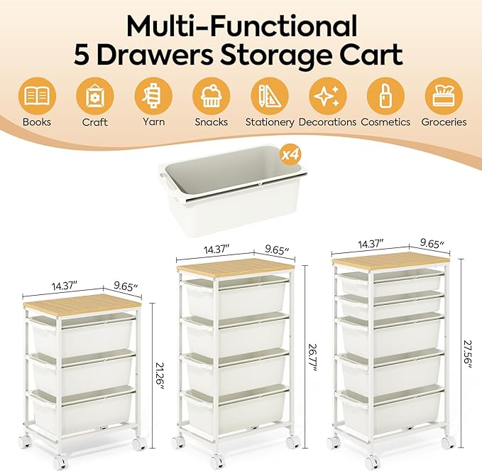 Rolling Storage Cart with 4 Drawers, Craft Organizer, Wooden Tabletop Utility Cart for Bedroom, Children's Room and Office Organization, Table Side Trolley with Lockable Wheels, White