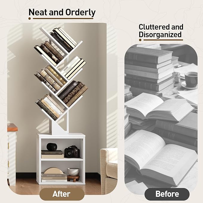RALGEND Tree Bookshelf, 6 Tier Bookcase with 2 Storage Racks, Free Standing Wooden Bookcase, Floor Standing Book Shelf Organizer for Living Room, Bedroom, Study, Home Office, White