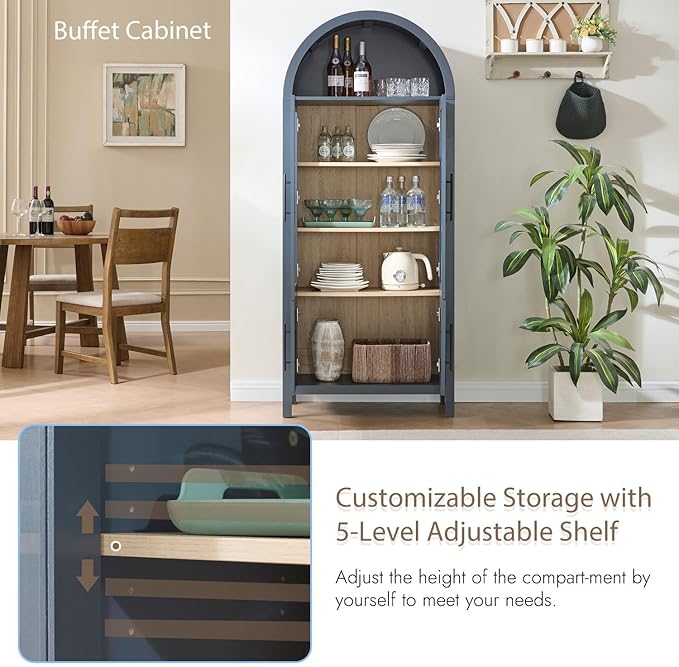 71" Tall Arched Display Cabinet, 5-Tier Bookshelf Modern Farmhouse Arched Bookcase with Glass Doors and Shelves, Wooden Pantry Storage Cabinet for Living Room, Office and Kitchen, Blue