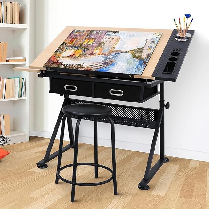 Height Adjustable Drafting Table, 0-75° Tilting Drawing Table Art Desk for Adults, Artist Desk with 2 Storage Drawers, Watercolor Paintings Sketching Workstation with Stool for Home Office