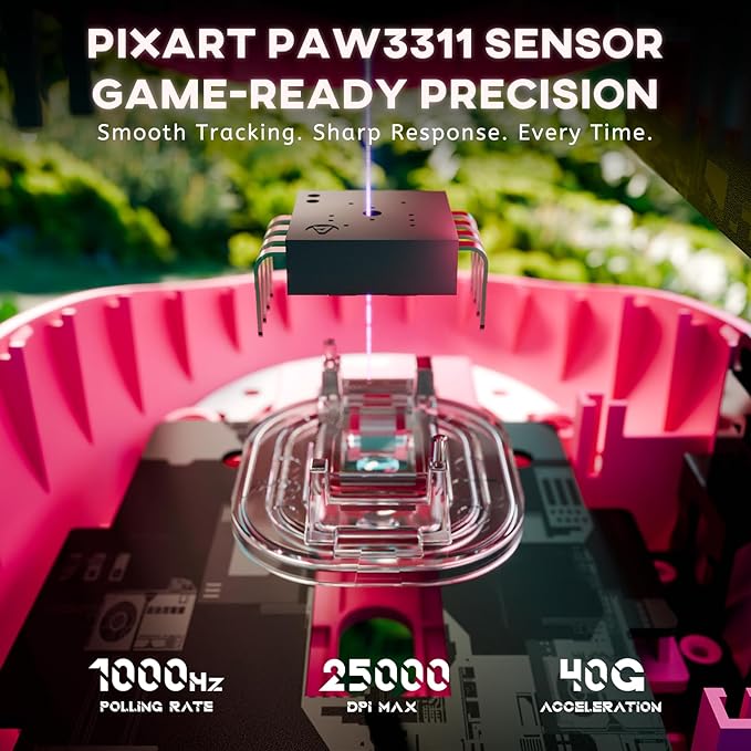 ATTACK SHARK G3 Pro Wireless Gaming Mouse with Magnetic Charging Dock,PixArt PAW3311 Gaming Sensor,BT/2.4G Wireless/Wired Gaming Mouse,25000 DPI,59g Superlight Gamer Mice for PC/Win/PS/Mac(Rose)