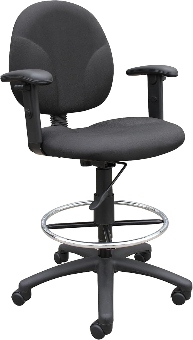 Benzara Zem Drafting Stool with Adjustable Arms & Chrome Footring, Black Crepe