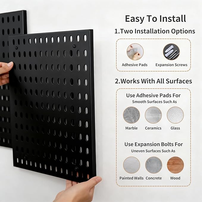 LBW Pegboard Wall Organizer, 6-Pack 11.8" × 11.8" Black ABS Peg Board Panels with 27 Accessories, Modular Plastic Pegboard Combination Kit for Home, Office, Garage, Tool Storage & Craft Room