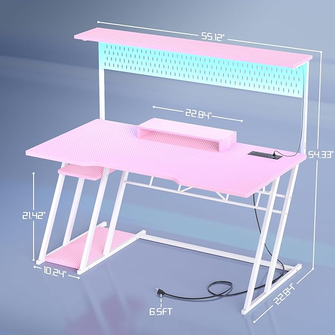 Armocity Pink Gaming Desk with Hutch and LED Lights, 53" Computer Desk with Storage Shelves, Reversible PC Gaming Desk with Pegboard, Gamer Desks for Bedroom, Carbon Fiber Surface