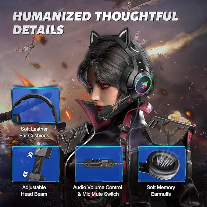PHNIXGAM Cat Ear Gaming Cute Headset, Wired Headphones with Microphone, Surround Sound, LED Backlight for PS4, PS5, PC, Mobile Phone (Black)