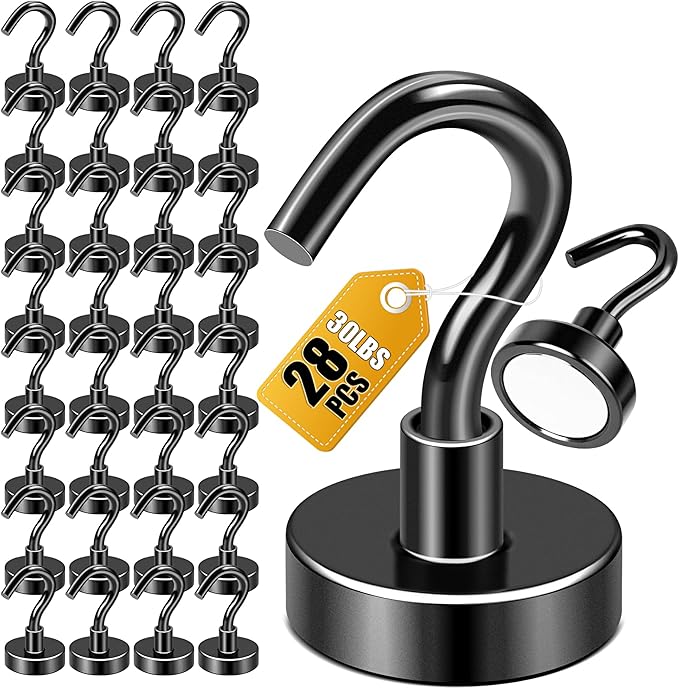 DIYMAG Magnetic Hooks, 28pack Magnet Hook Essentials Strong Heavy Magnetics for Kitchen Refrigerator Hanging Classroom Cruise Cabins Locker Accessories Cubicle Black