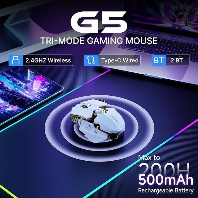 EWEADN G5 Wireless Gaming mouse, 12800 Adjustable DPI Ergonomic Mouse with 6 RGB Backlit Modes, Rapid Fire Key, 9 Programmable Macro Buttons, Rechargeable Bluetooth Mouse for PC/Mac/Laptop - White