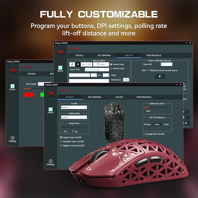 MAMBASNAKE M5 Ultra Carbon Fiber 8000Hz Wireless Gaming Mouse, 39g Superlight, 42000DPI, PAW3950MAX Sensor, Nordic 52840 Chip, Bluetooth/2.4G/USB-C Wired Mice with Coiled Cable for PC/Mac (Red)