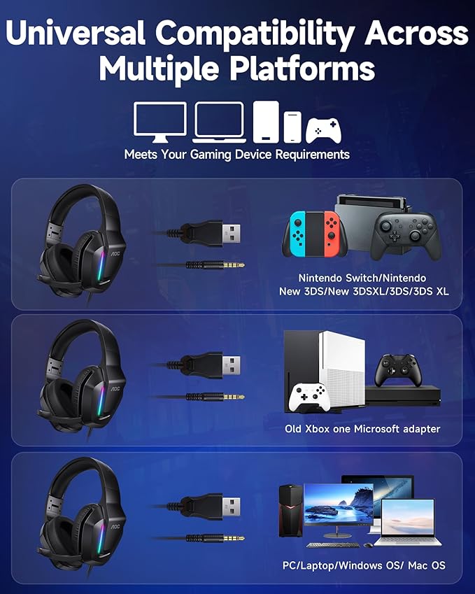 AOC Wired Gaming Headset, Surround Sound Headphones for Xbox Series X|S PS5 PC Switch, Noise Canceling Over-Ear Gaming Mic, RGB Lights, 50mm Drivers, 3.5mm Jack, Black