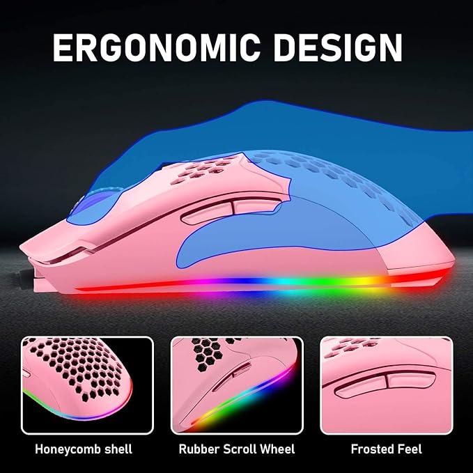 Lightweight Gaming Mouse,26 kinds RGB Backlit Mice,PixArt 3325 12000 DPI Mouse,Ultralight Honeycomb Shell Ultraweave Cable Mouse and Anti-key Can Be Set for PC Gamers and Xbox and PS4 Users(Pink)