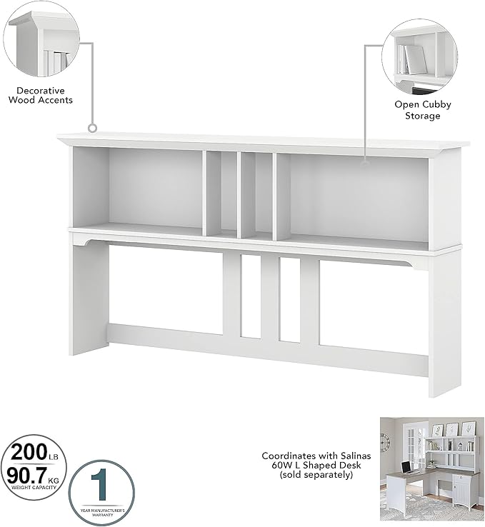 Bush Home Salinas 60W Hutch for L Shaped Desk in Pure White