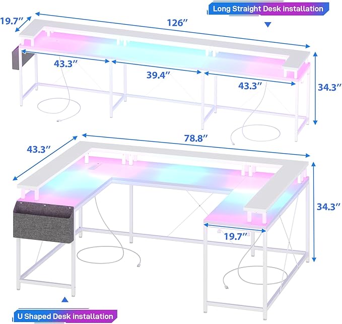 Jojoka U-Shaped Computer Desk with Power Outlets & RGB LED Lights - Reversible l-Shaped Office Desk, Full Monitor Stand, Modern Home Office Workstation, 600lbs Capacity 79",Game Desk, Multiple Colors