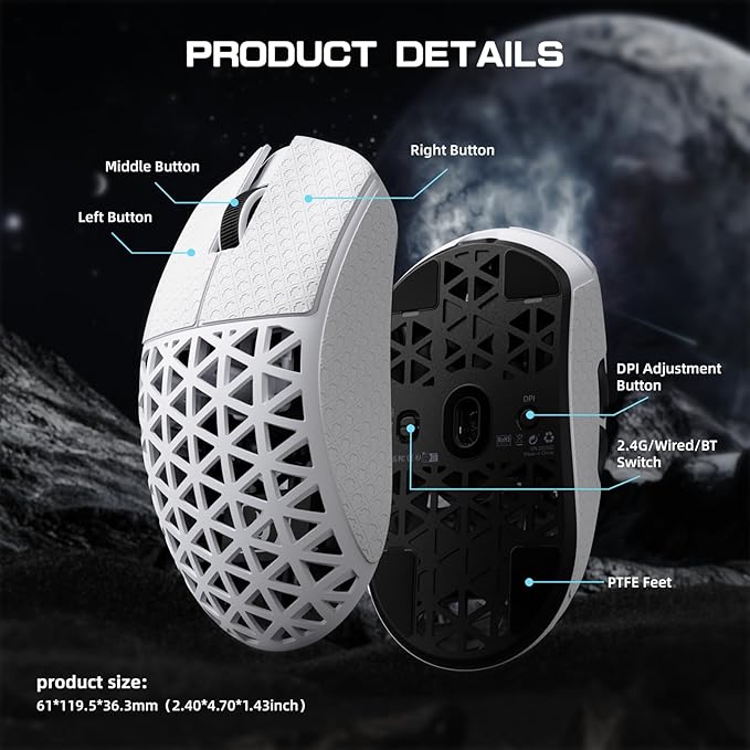 MAMBASNAKE M5 Ultra Carbon Fiber 8000Hz Wireless Gaming Mouse, 39g Superlight, 42000DPI, PAW3950MAX Sensor, Nordic 52840 Chip, Bluetooth/2.4G/USB-C Wired Mice with Coiled Cable for PC/Mac (White)