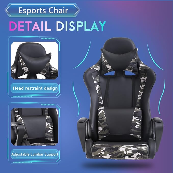 PayLessHere Ergonomic Racing Desk Chair Gaming Chair Computer Chair with Armrests 360° Swivel & Caster Pu Desk Task Chair Executive Headrest Lumbar Support for Back Pain Women Men and Adults (Camo)