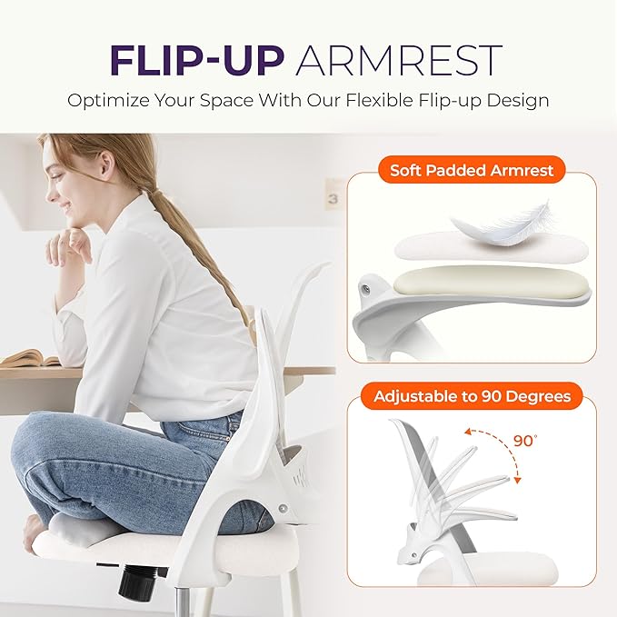 NEO Chair Office Desk Gaming Ergonomic Computer Chair with Lumbar Back Support Adjustable Height Swivel Rolling Wheels Flip-up Arms Mesh Chair for Home Vanity (Ivory)
