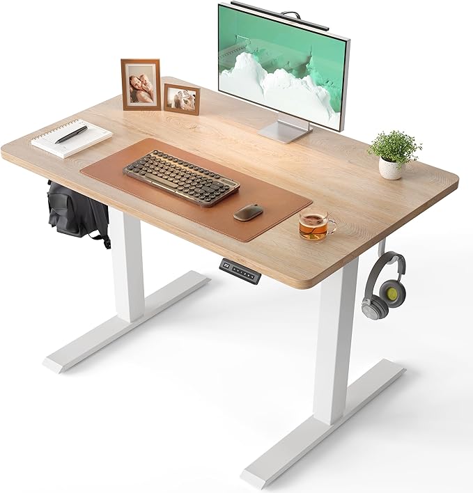CubiCubi 32 x 20 Small One-Piece Standing Desk, Adjustable Height Electric Computer Sit Stand up Home Office Workstation, with 4 Memory Presets, Headphone Hook, Maple