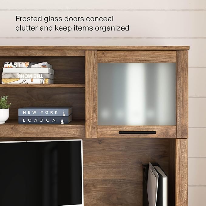 Bush Home 60-Inch Desk Hutch, Office Storage Organizer with Shelves, Cubbies and Frosted Glass Doors for Computer Desk, Home Office Furniture, Somerset Collection, Fresh Walnut