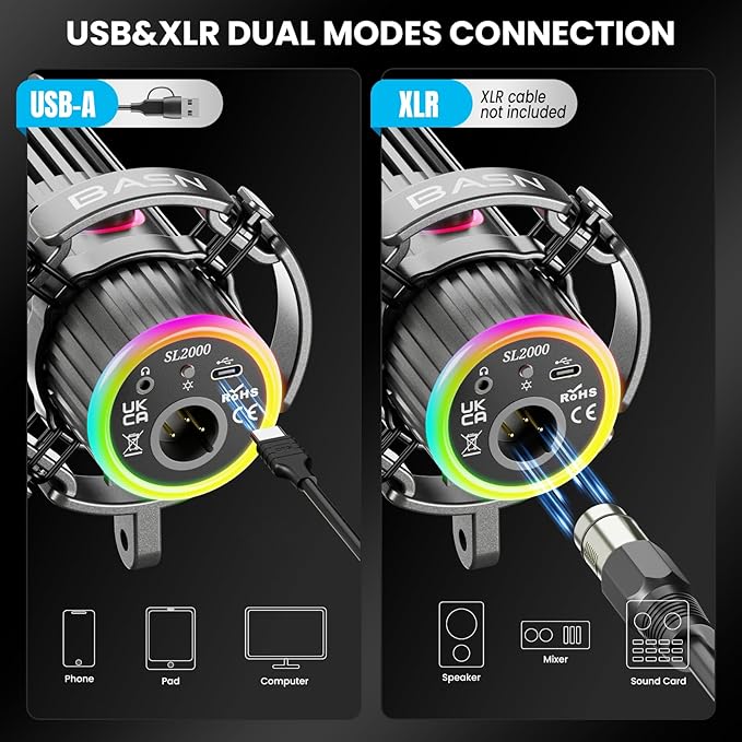 BASN USB/XLR Dynamic Microphone for Podcasting, Live Streaming, Gaming Recording with RGB Mute Button, Headphone Monitoring and MIC Stand (Gray) SL2000