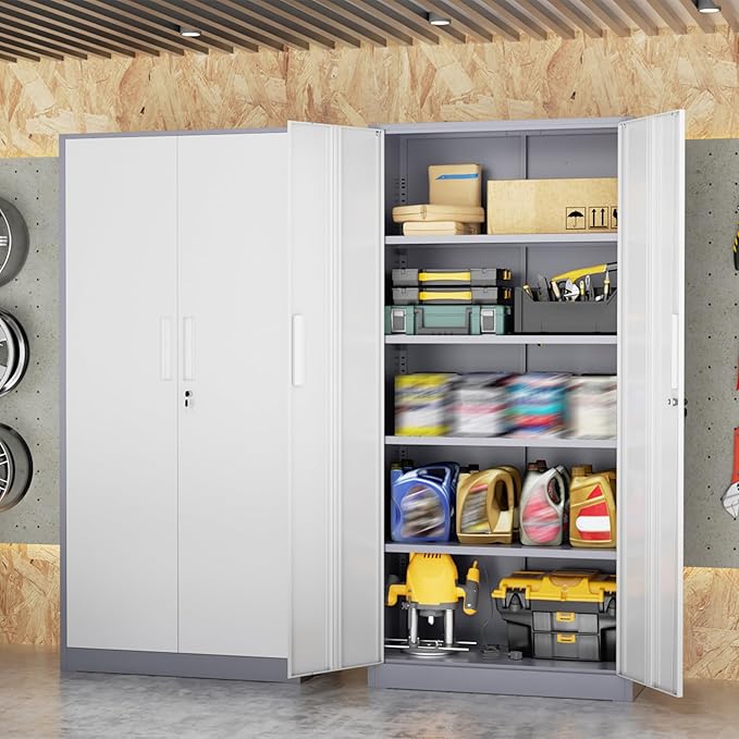 SUNCROWN 72" Metal Storage Cabinet - Heavy-Duty Metal Garage Cabinet with 4 Adjustable Shelves & 2 Doors for Tools, Office, Home, Workshop,Grey & White-Small