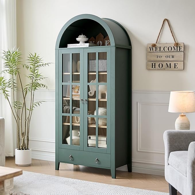 Tall Arched Cabinet, Modern Farmhouse Wooden Display Cabinet with Glass Doors, 70" 6 Tier Bookshelf w/Adjustable Shelves for Living Room, Office, Green