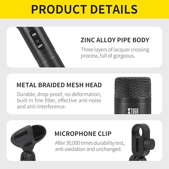 XTUGA DI7 7-Piece Drum Microphone Kit – No XLR Cable Needed, Metal Kick/Bass Drum Mic, Tom/Snare & Cymbal Mics with Clips, for Stage Performances & Studio Recording