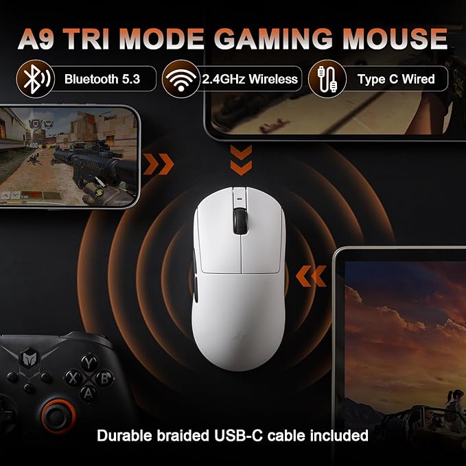 A9 Gaming Mouse, 18000 DPI, PAW3395 SE Sensor,53G Lightweight, Tri-Mode 2.4G/BT5.0/USB-C Wireless/Wired Mouse, Programmable Mouse, Office Mice for PC/Xbox/Win/Mac (White)