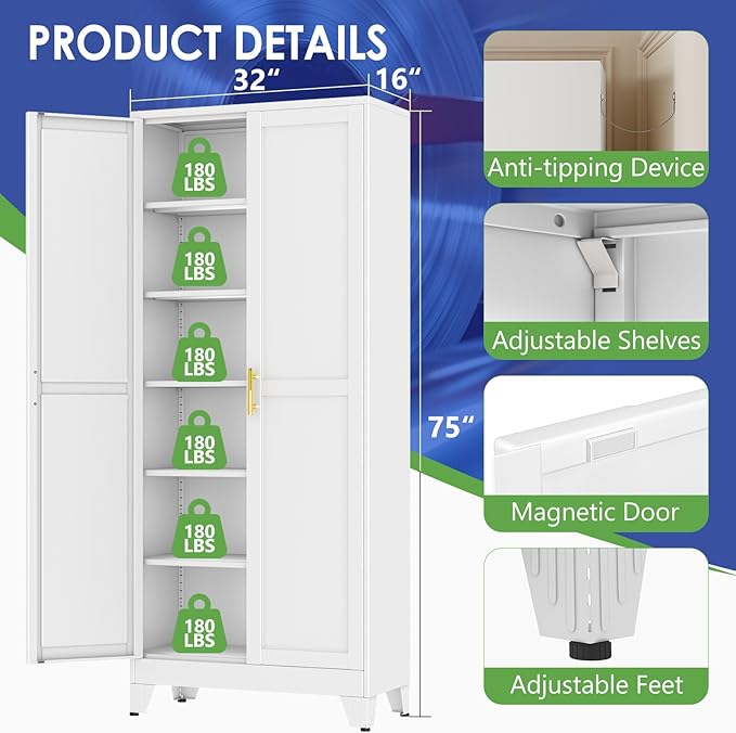 75" Metal Storage Cabinet with Adjustable Leveling Foot,Garage Storage Cabinets with 2 Doors and 5 Adjustable Shelves, Black Steel Cabinet for Office,Home,Garage(White)
