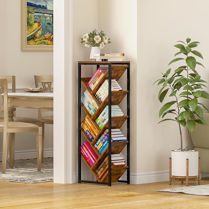 Cutogxon Tree Bookshelf - 9 Tier Floor Standing Tree Book Storage Organizer with Adjustable Feet for Hardcover Books, Vintage Living Room, Corne,Small Space, Patent Pending
