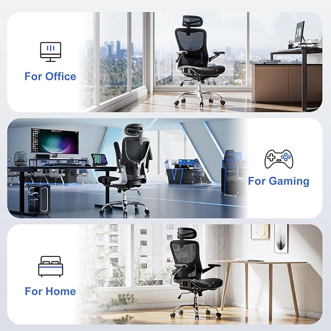 marrap Ergonomic Office Chair, Mesh Seat Cushion with 3D Armrests and 3D Headrest, Adjustable Lumbar Support with 90-120° Rocking Function, Black