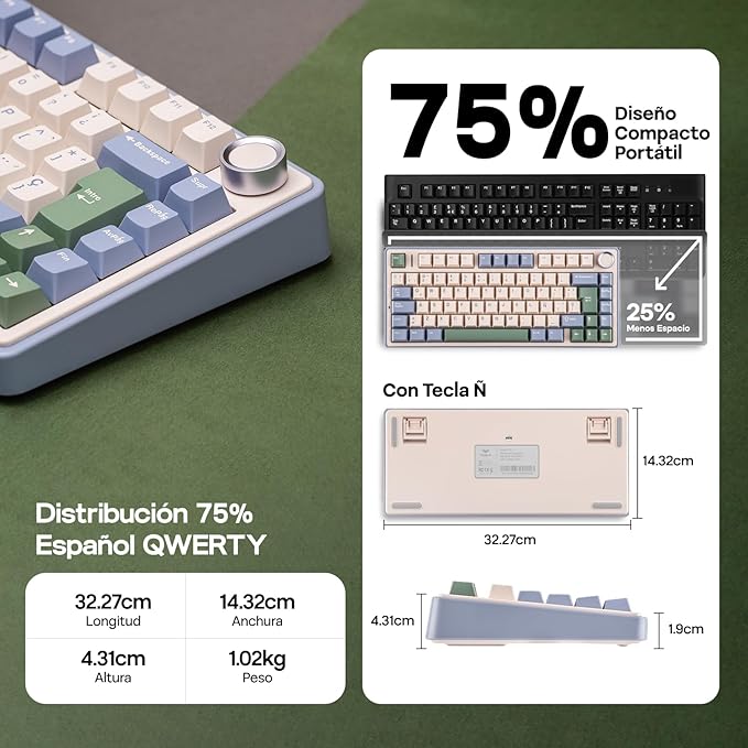 EPOMAKER Aula F75 ISO-ES Wireless Mechanical Gaming Keyboard, 75% Spanish Layout with Knob, Creamy Gasket, Sound-Dampening, RGB, Hot-Swap, BT/2.4Ghz (Green)