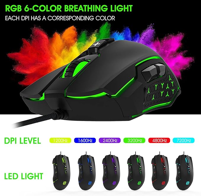 LeadsaiL Gaming Mouse Wired RGB PC Gaming Mice, 7200 DPI, 8 Programmable Buttons, 6 Color Backlight, Ergonomic Optical Computer Mouse for Desktop PC Laptop Gamer & Work