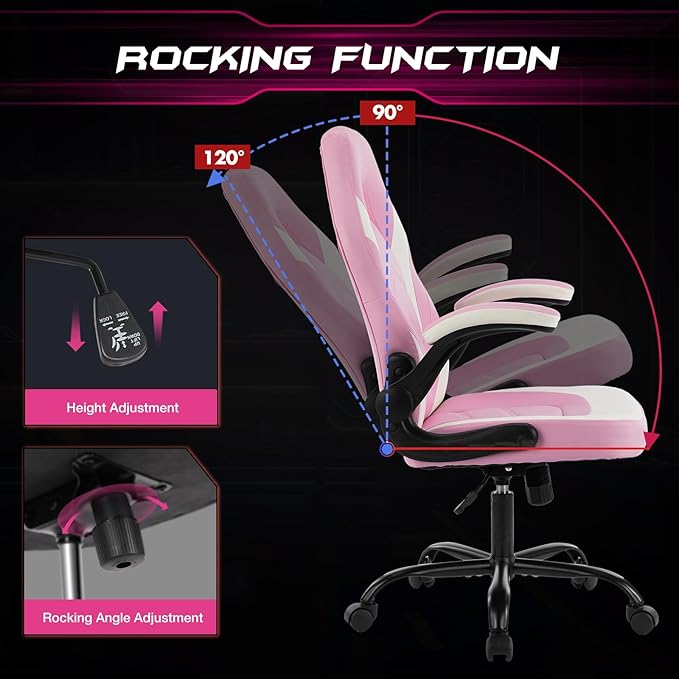 Sweetcrispy Computer Gaming Desk Chair - Ergonomic Lumbar Support Executive with PU Leather and Flip-up Armrest, Height Adjustable with 360° Swivel Wheels, Pink White, for Home and Office