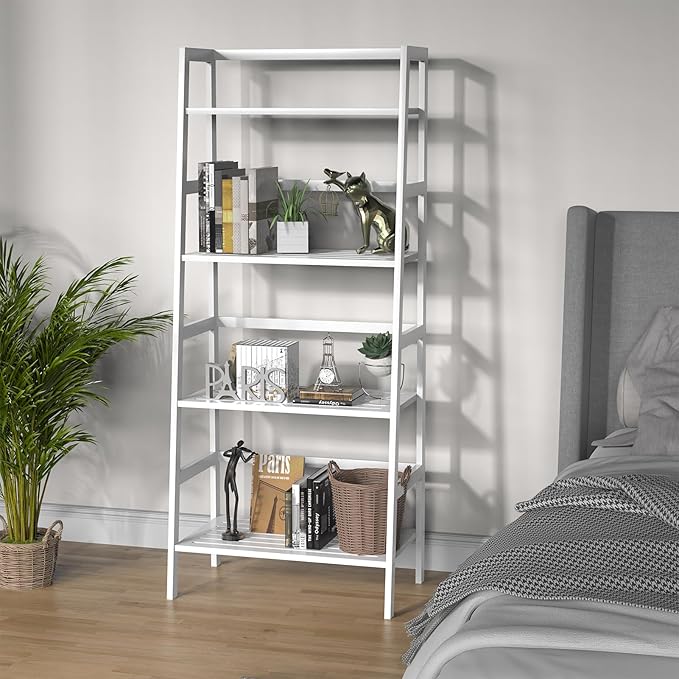 Bamboo White Bookshelf, 4-Tier Ladder Shelf Freestanding Space Saver Open Bookcase Book Shelf, Bamboo Storage Shelving Unit Flower Plant Stand for Living Room, Bathroom, Home Office
