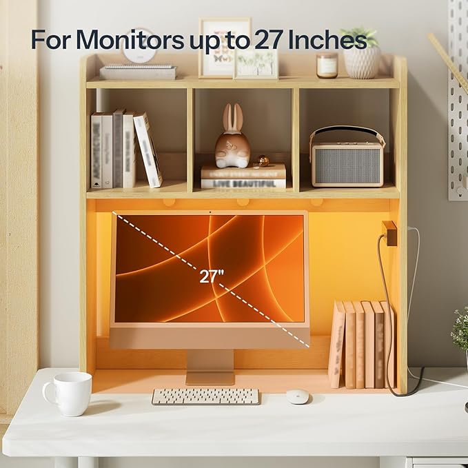 HOOBRO Desktop Bookshelf, Office Desktop Shelf, Desk Hutch with Outlets, Wooden Office Desktop Bookcase, Desktop Organizer Shelf with LED Light Strip and 3 Hooks, for Home, Study, Natural NL12UDSJ01