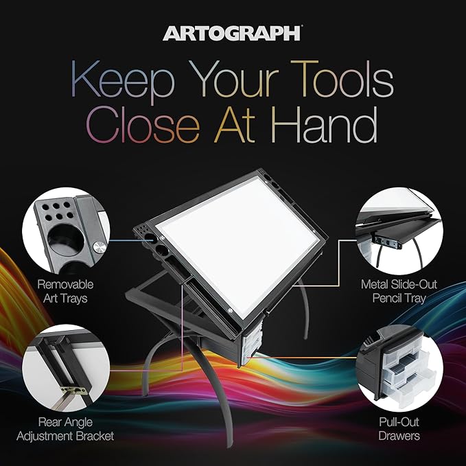 Artograph Futura Light Tracing Table for Artists with Storage and Adjustable, Dimmable Glass Work Top