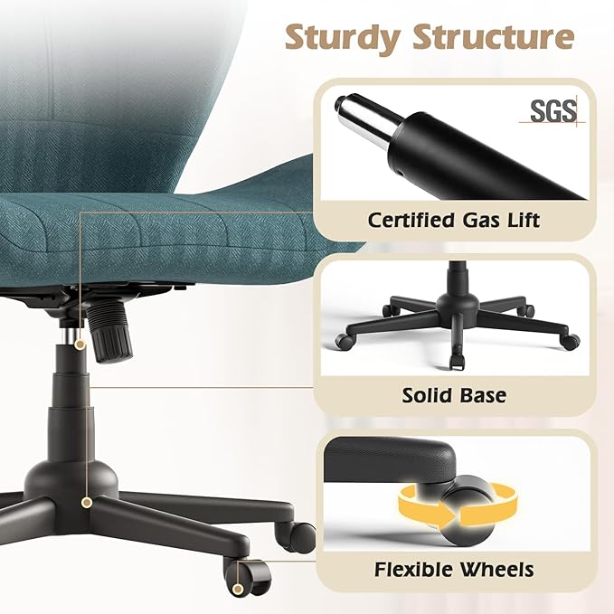 ZZW Criss Cross Chair with Wheels, Wide Cross Legged Office Chair Armless Comfy Desk Chair with Tall Back Vanity Chairs with Stress Relief Curved Design Seat for Bedroom & Office & Home Blue