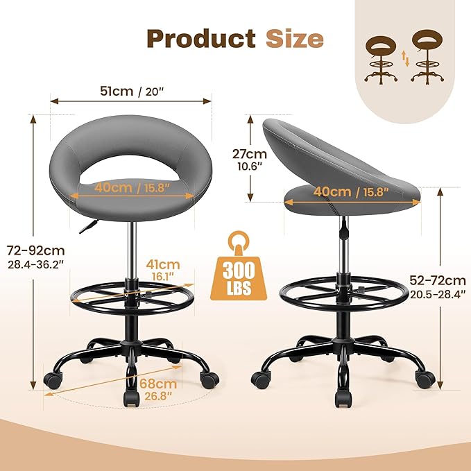 BESTFAIR Drafting Chair with Back, Height Adjustable Rolling Stool with Foot Rest, Tall 360° Swivel Stool PU Leather Chair with Wheels for Home Office, Standing Desk, Gray 2 Pack