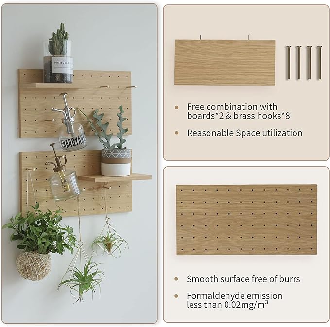 Wooden Pegboard, Sturdy Peg Board for WallsModular Grid Organizer, DlY Storage and Display Panels withShelves and Brass Hooks(Color:Oak)