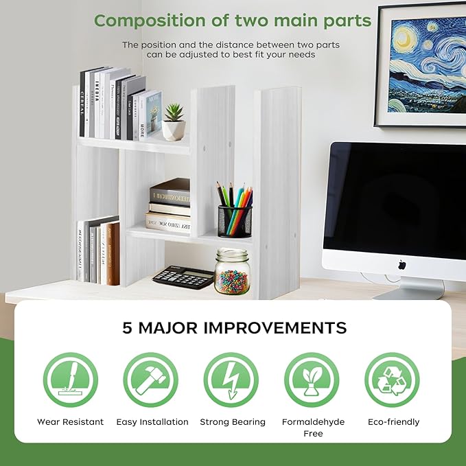White Desk Organizer Shelf Wooden Desktop Bookshelf Adjustable Desktop Organizer Shelves Small Book Shelf for Office Desk Supplies Home Storage Natural Stand Decor (1*)