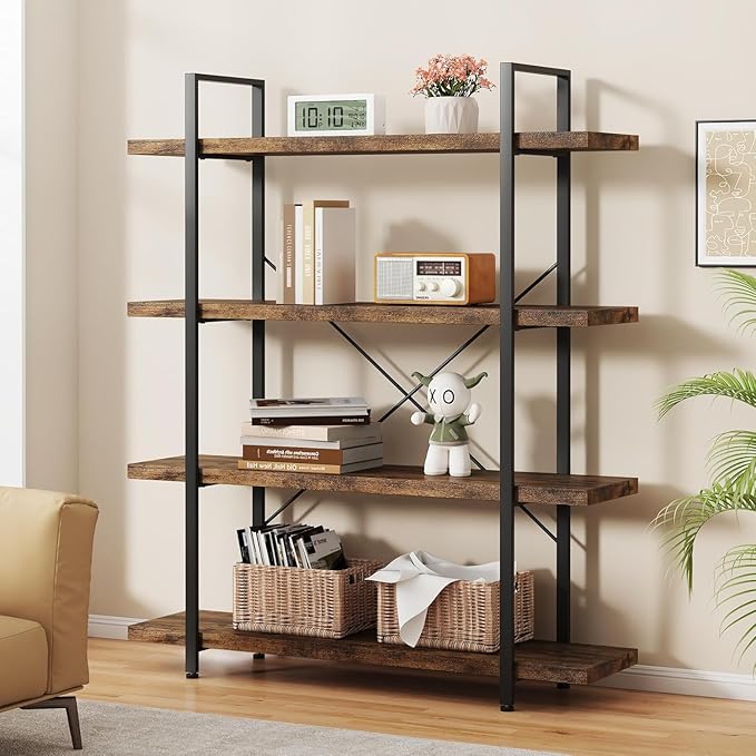 OtterOasis Heavy Duty 4-Tier Industrial Bookcase, 47" Wide Wood Bookshelf for Home Office, 120lbs Shelf Capacity, Rustic Open Shelving Display with Reinforced Horizontal Shelf for Living Room Bedroom