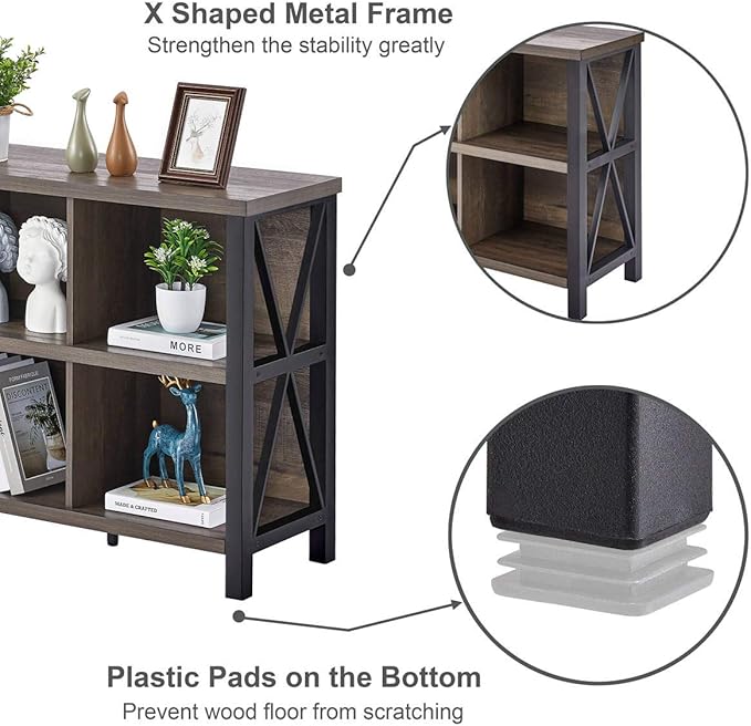 FATORRI Rustic 6 Cube Storage Organizer with Shelf, Wood and Metal Cubby Bookcase, Industrial Horizontal Bookshelf for Living Room, Home Office (Walnut Brown, 47 Inch)