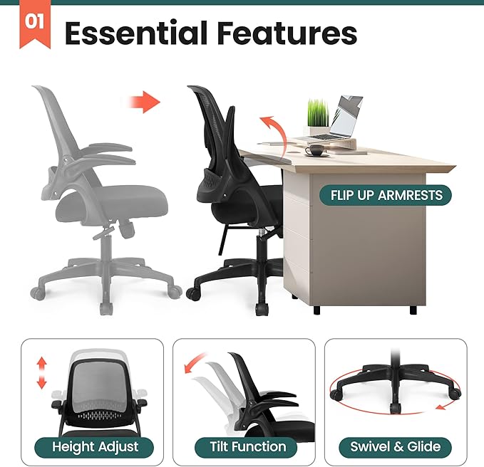 NEO Chair Office Desk Chair Computer Gaming Ergonomic Lumbar Back Support with Flip-up Padded Armrest Adjustable Height and Wheels for Home Vanity Bedroom Study (All Black)