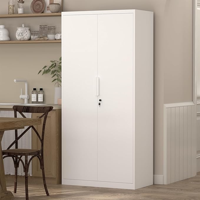 Metal Garage Storage Cabinets with Lock, 72" H White Storage Cabinet with Doors and Adjustable Shelves, Lockable File Cabinet, Steel Tool Cabinets for Home, Office, Garage, Shop, School