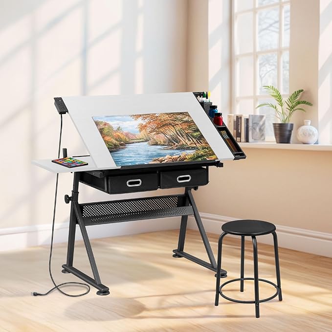 HomGarden Height Adjustable Drafting Desk Drawing Table Art Craft Work Station w/Stool, Power Outlet and Storage Drawers for Home Office Study Room, White