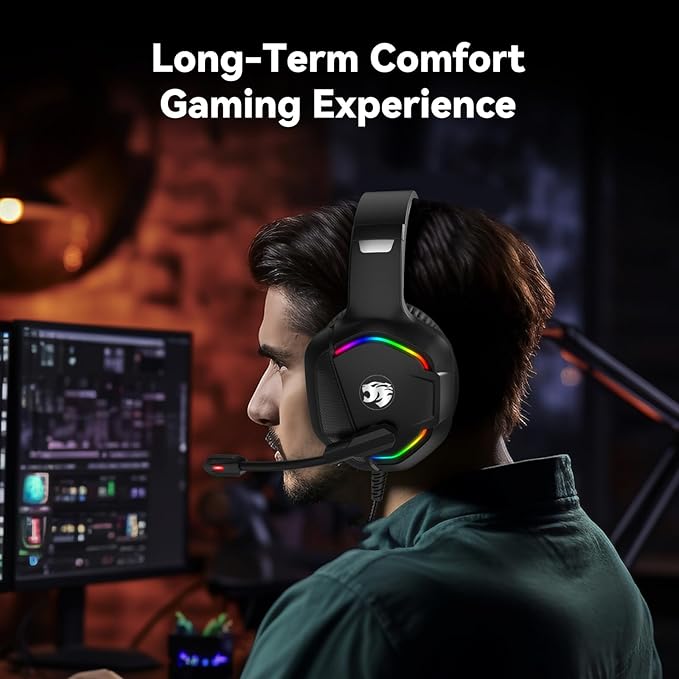 Gaming Headset with Microphone for Pc, Xbox One Series X/s, Ps4, Ps5, Switch, Stereo Wired Noise Cancelling Over-Ear Headphones with Mic, RGB, for Computer, Laptop, Mac, Nintendo (Black)